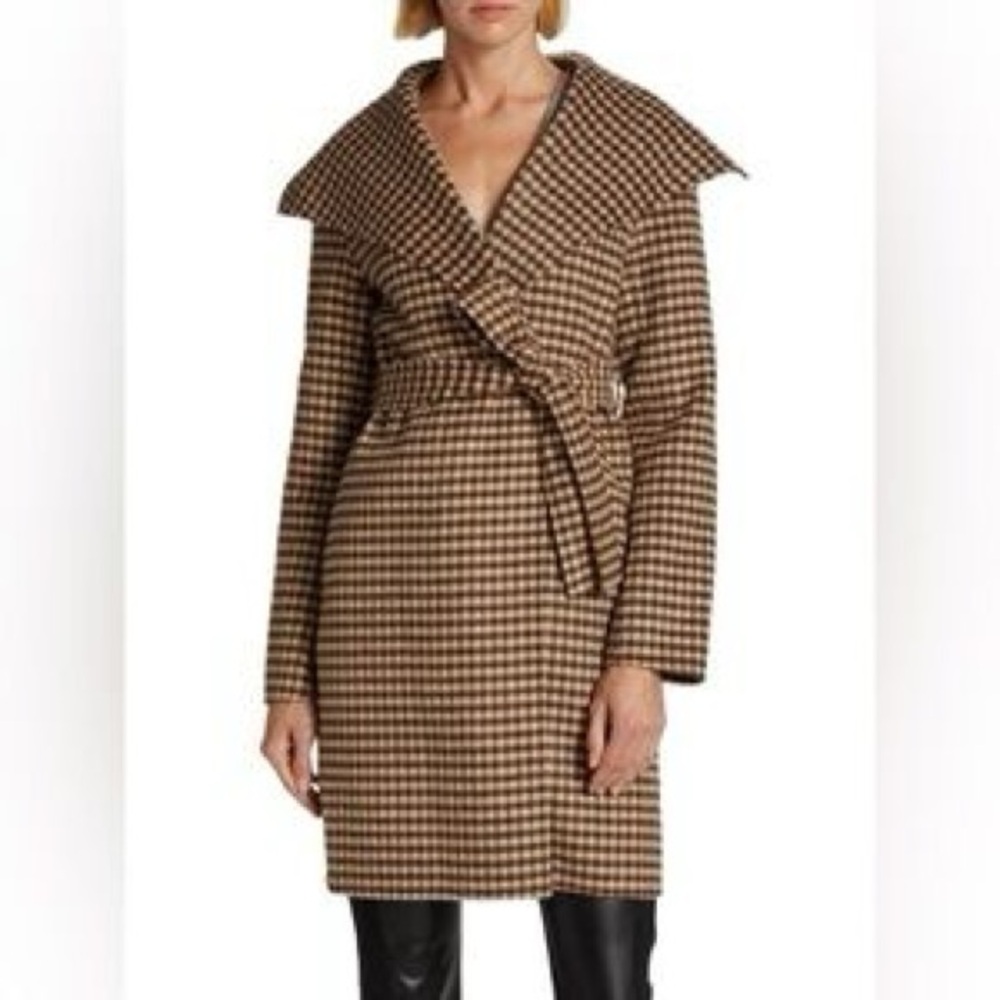 Elie Tahari Vienna Plaid Wrap Coat Belted Brown Black Wool Blend Size L